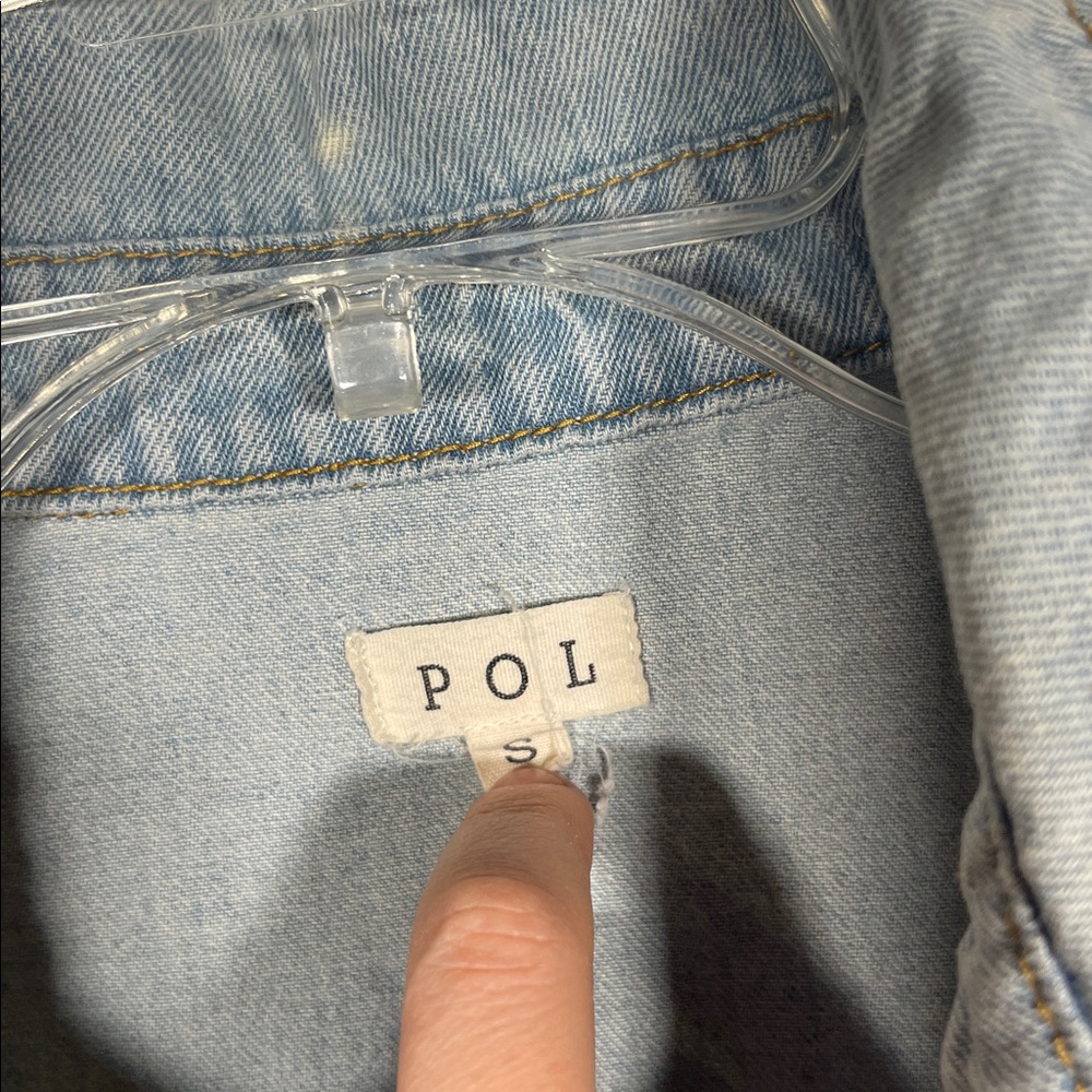 POL Light Blue Button-Down Denim Shirt with Leopard Print Pockets and Sleeves - Picture 3 of 5